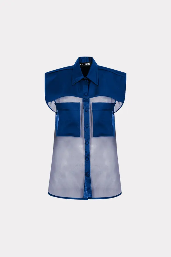 CAMISA SEM MANGA DE ORGANZA DE SEDA COM DETALHES EM ALGODÃO